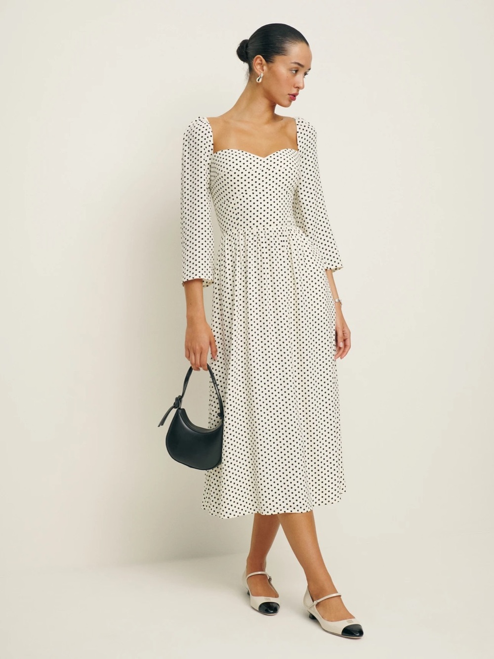 Reformation Inori Dress in Eclipse white polka dot